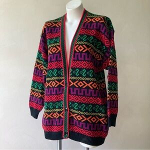 Rafaella | Vintage Colorful Patterned Button Down V-Neck Cardigan Sweater